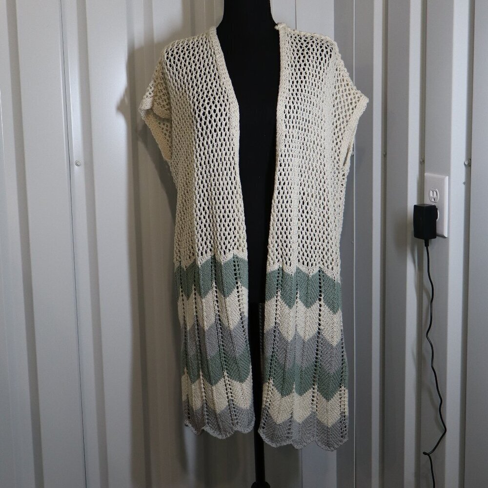 POL Womens Crochet Knit Sleeveless Open Duster Cardigan Size Large Pastel Cream